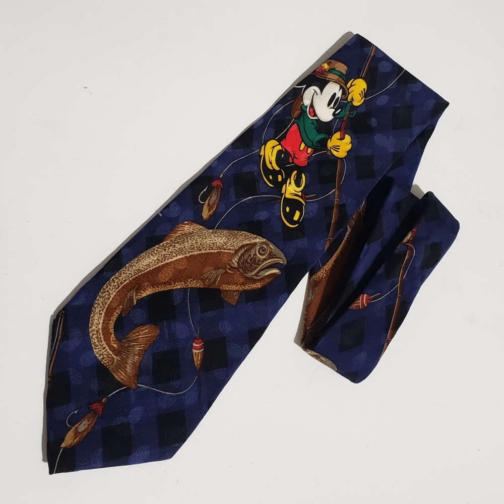 Vintage Disney Store 100% Silk Men's Tie Mickey Fishing Navy Black